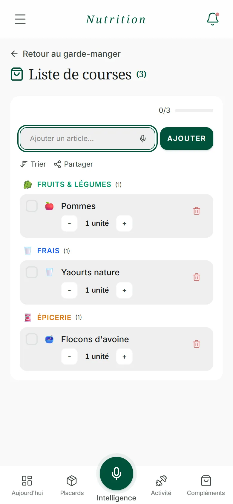 Liste de courses reliée aux placards (données de démonstration)