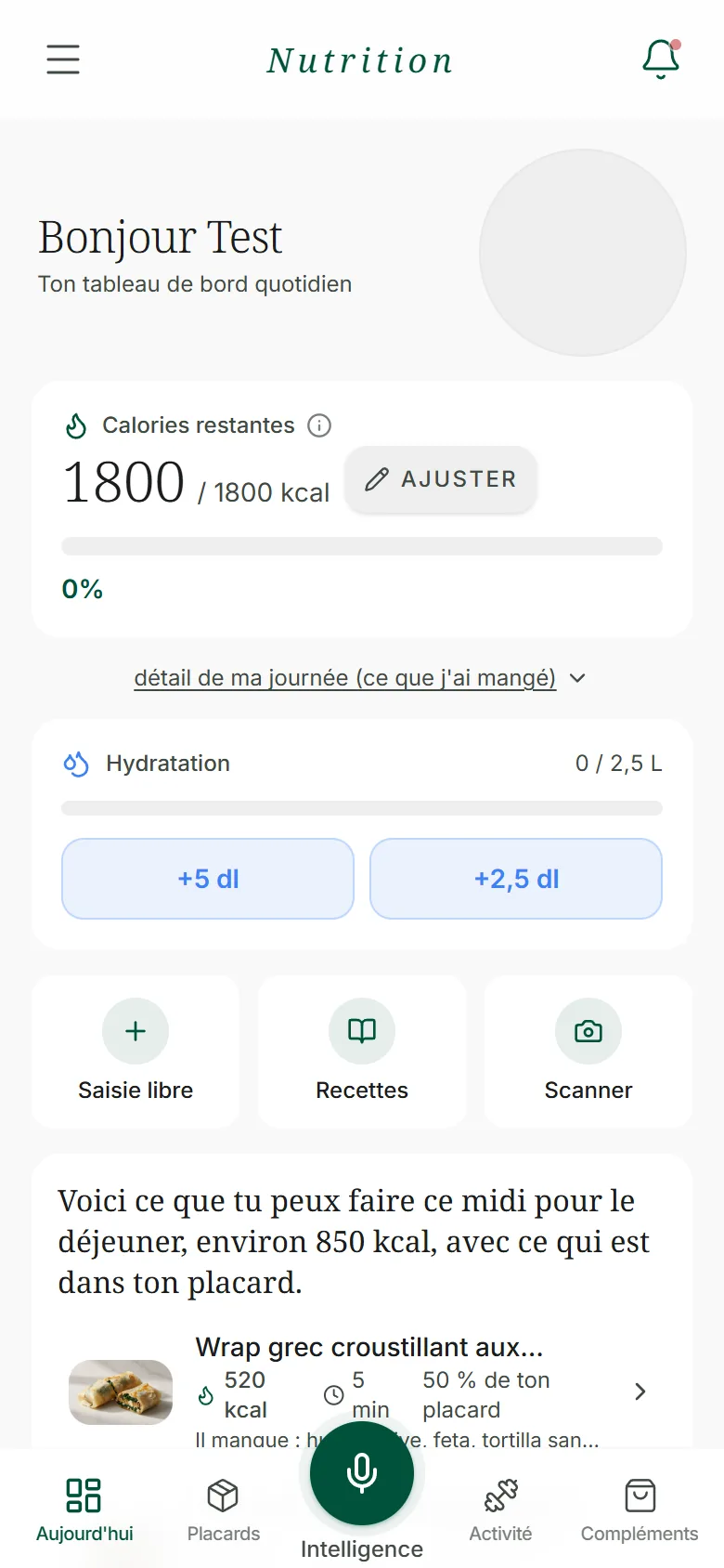 Tableau du jour : calories, macros et hydratation (données de démonstration)