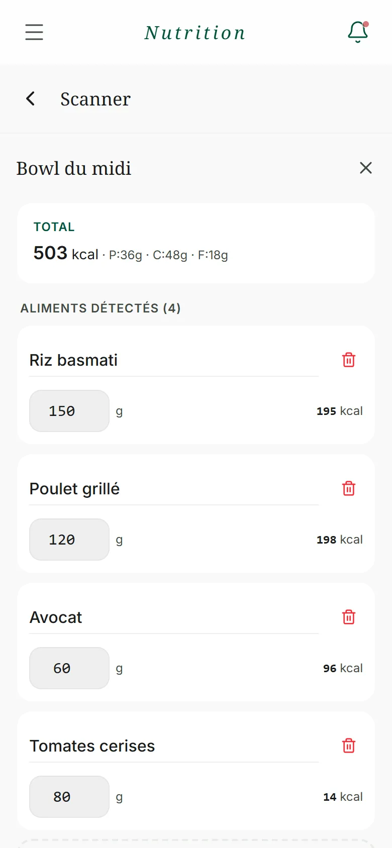 Résultat d'un scan de repas : aliments détectés et grammes modifiables (données de démonstration)