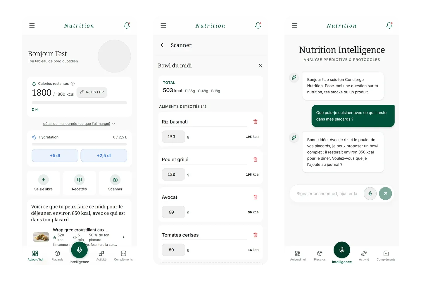 Écrans de App nutrition & IA sur ordinateur, captures anonymisées d'un compte de démonstration
