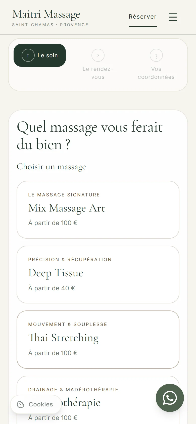 Réservation, étape 1 : choix du soin, capture du site en ligne