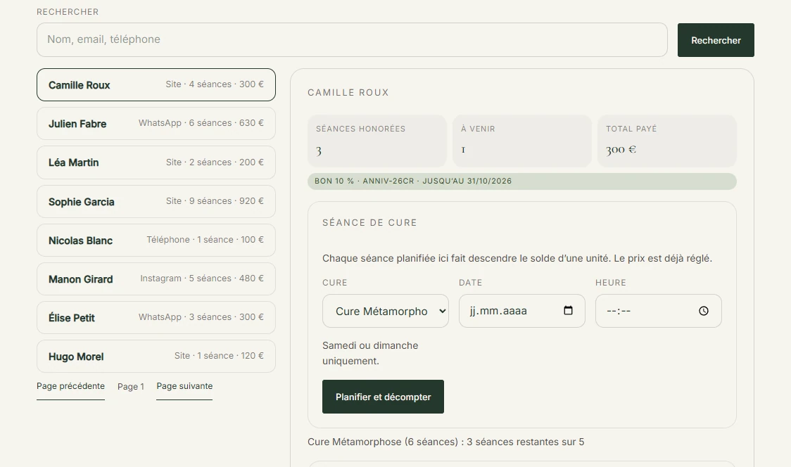Espace praticien : fiche d'une cliente fictive avec séances, paiements et cure en cours