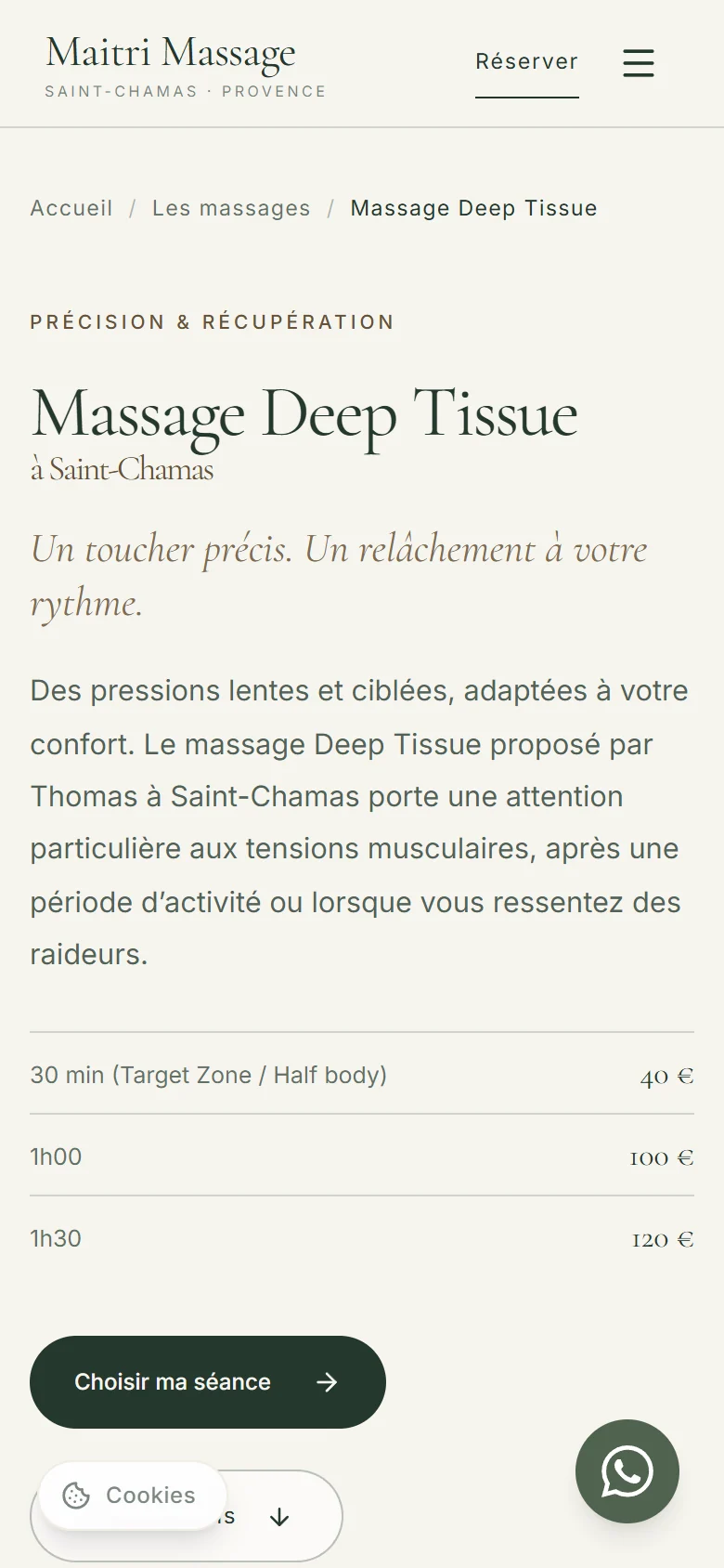 Page du soin Deep Tissue sur mobile, capture du site en ligne