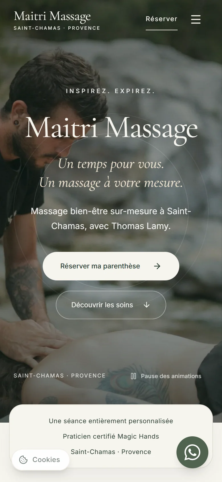 Accueil de Maitri Massage sur mobile, capture du site en ligne